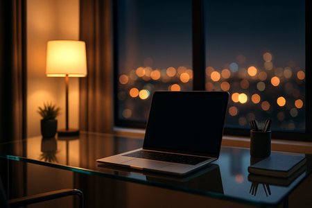 Laptop with blank screen on table in office at night. Mock upの素材
