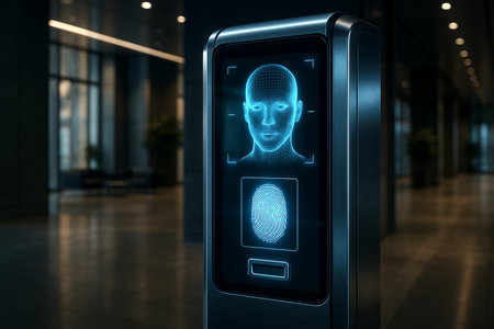 Fingerprint scan on modern interactive touchscreen display in office lobby 3D renderingの素材