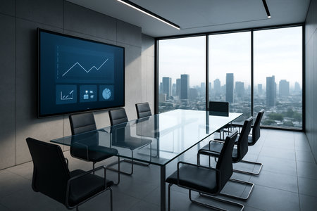 Luxury conference room interior with a panoramic city view, a black table with black chairs and a TV with a graph on the wall. 3d rendering mock up toned image double exposureの素材