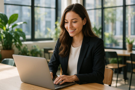 Image of a beautiful young business woman indoors in office using laptop computer.の素材