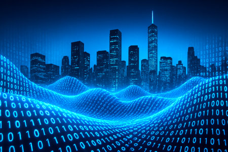 abstract digital city with binary code on blue background, 3d illustrationの素材