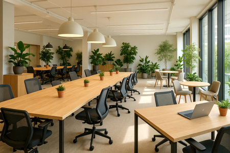 Interior of a modern office with wooden tables and chairs. Nobody insideの素材