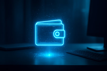 Blue neon wallet hologram on laptop screen. Online shopping concept. 3D Renderingの素材