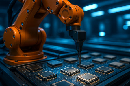 Smart industry robot arms for digital factory production technology showing automation manufacturing process of the Industry 4.0 or 4th industrial revolutionの素材