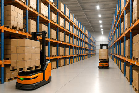 Forklift in warehouse. 3d render. Distribution warehouse.の素材