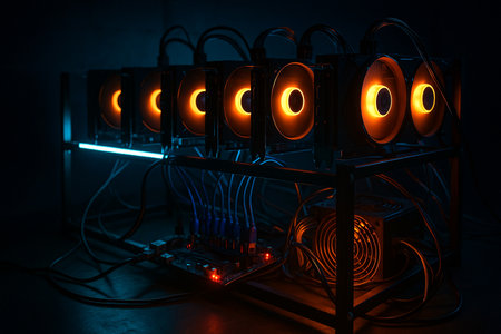 Futuristic power supply with LED lighting in dark room. Selective focusの素材