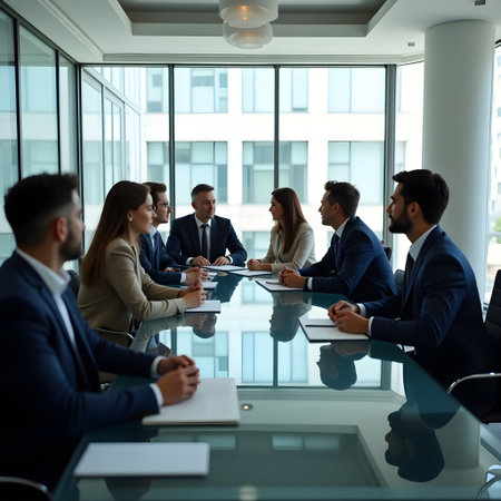 A diverse group of business professionals having a strategy meeting in a modern office environment. Perfect for representing teamwork, corporate culture, and professional collaboraの写真素材