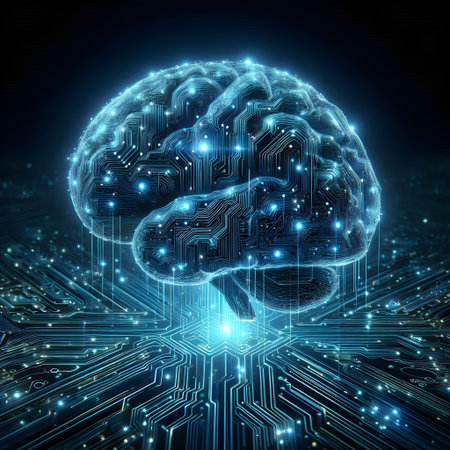 Futuristic glowing AI brain design with neon circuits and data flow, symbolizing machine learning,...