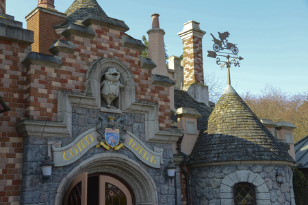 FRANCE, PARIS - February 28, 2016 - View of the facade of the Toad Hall restaurant with the sign Do not consume frog legs.のeditorial素材
