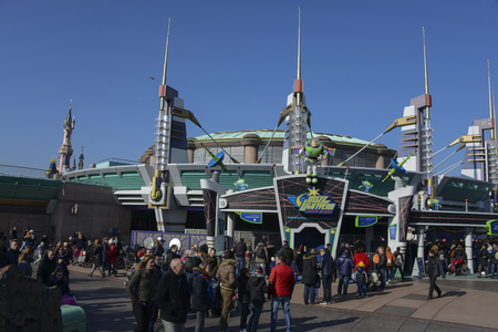 FRANCE, PARIS - February 29, 2016 - Entrance to the attraction of Buzz Lightyear Laser Blast in the Discoveryland area in Disneyland, Parisのeditorial素材