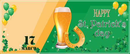 Postcard, invitation to the holiday of St. Patrick's Day. Beer, clover, horseshoe and balloons in orange and green colors and festive styleのイラスト素材