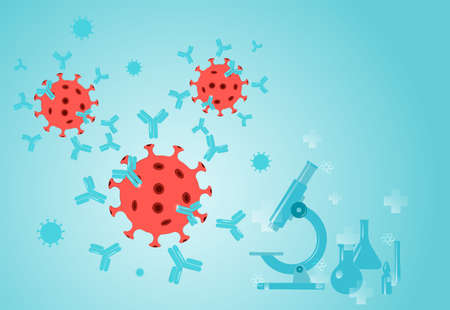 It's time to get vaccinated. Microscope, flasks, test tubes, symbols of science and pharmaceuticals. Viruses and antibodies. Coronavirus vaccination conceptのイラスト素材