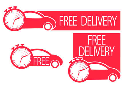 Free shipping service logo badge. Pink car. Vector illustration for websites and applicationsのイラスト素材