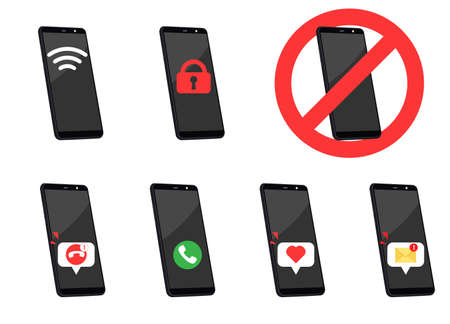 Set of universal mobile phone icons with notifications. Call, Wi-Fi, missed call, like, new message, phone blocked, it is forbidden to use the phone.のイラスト素材