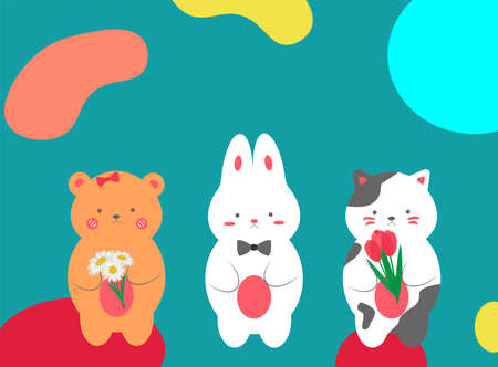 Cute animals with flowers. Bear, rabbit and cat with tulips and daisiesのイラスト素材