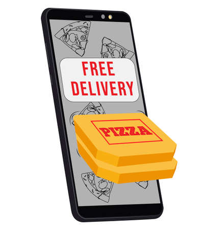 Vector illustration of a pizza delivery service, smartphone with two boxes of pizza. Free deliveryのイラスト素材