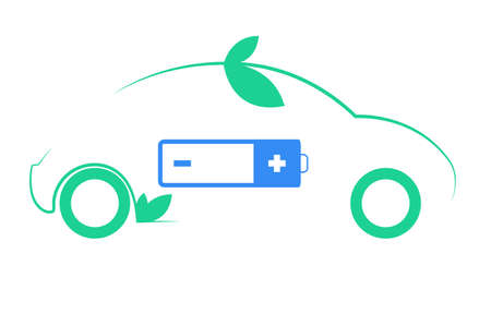 Eco car logo template. Green car icon with leaves and blue battery. Environmental protection transport symbol.のイラスト素材