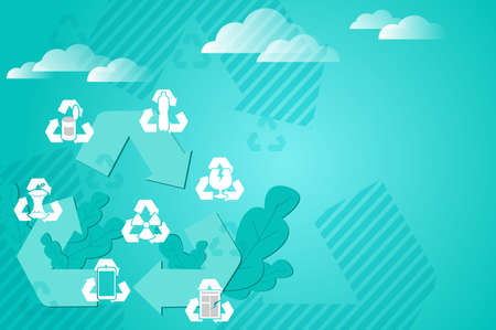 Plastic, organic metal, glass, radioactive e-waste and paper waste recycling symbol. Vector illustration concept can be used for landing page, template, ui, poster, banner, websiteのイラスト素材