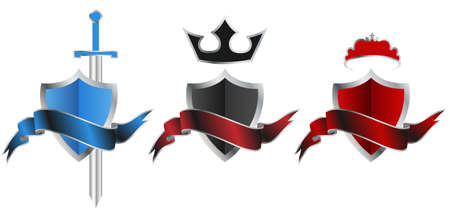 Three shields with ribbon. shield with a sword, black shield with a crown, red shield with a princess crown.のイラスト素材