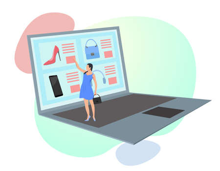 Online shopping. A girl stands on a laptop and buys in an online store. The concept of convenient shopping from home.のイラスト素材