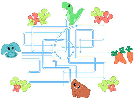 An educational maze game for preschool children. Rabbit, dinosaur, bear, carrot. The task for children can be used in a book, magazineのイラスト素材