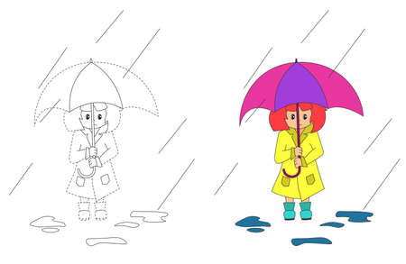 Girl with an umbrella in the rain. Coloring book for children. The practice of handwriting. Education Development Worksheet. Activity page.のイラスト素材
