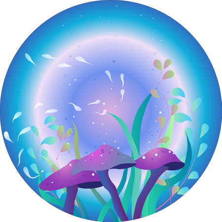 Fantasy Magic mushrooms in a magical forest of fairy elves. And the shining rays of the moon in the night. Round fabulous background.のイラスト素材