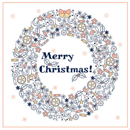 Christmas card. Christmas wreath with bells and christmas attributes. Doodle style illustrationのイラスト素材