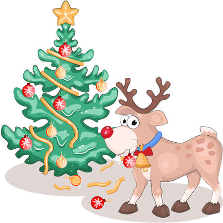 Santa's reindeer Rudolph has thrown toys from the Christmas tree and holds one in his mouth. Funny cute vector illustrationのイラスト素材
