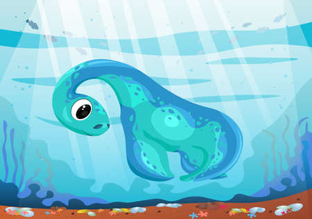 Children's illustration of a dinosaur. Jurassic period. A cute dinosaur swims underwater. Seabed, stones, plants.のイラスト素材