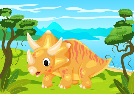 Children's illustration of a dinosaur. Jurassic period. Little cute Triceratops in natural habitat. Ancient world, mountains, trees, stones, plants.のイラスト素材