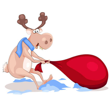 A funny deer in a scarf drags a bag with gifts through the snow. Flat illustration isolated on white background.のイラスト素材