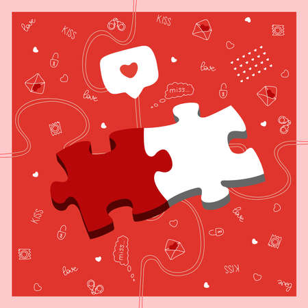 Vector romantic background with two puzzle pieces and doodle illustrations as decoration. love concept. greeting cardのイラスト素材