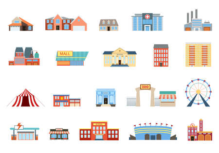 Set of colored icons of city infrastructure buildings. Twenty vector objects isolated on white backgroundのイラスト素材