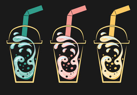 Set of icons of cold juice with a glass with a straw. Vector illustration in a watercolor style