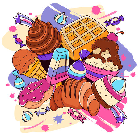 sweets. Doodle illustrations of various types of sweets. Colorful background with blots. vector illustrationのイラスト素材