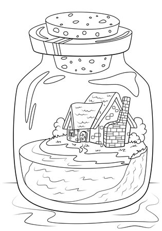 Coloring book for children. Fairytale house by the pond in the bank. The task for children can be used in a book or magazine.のイラスト素材