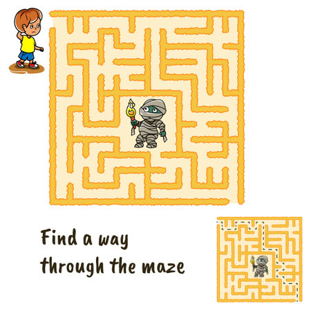 Puzzle for kids. The maze in the pyramid, through which the boy has to go past the mummy.のイラスト素材