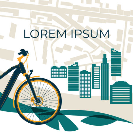 Bicycle in the background of the city. Flat vector illustration. Banner for world cyclist day, eco transport, bike rentalのイラスト素材