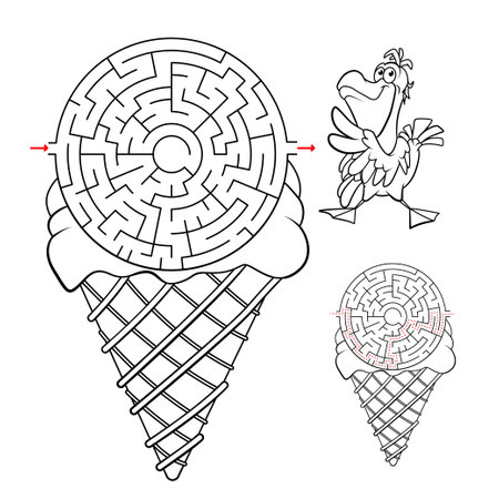 Puzzle for kids. vector illustration. You need to help the pelican find its way through the ice cream maze.のイラスト素材