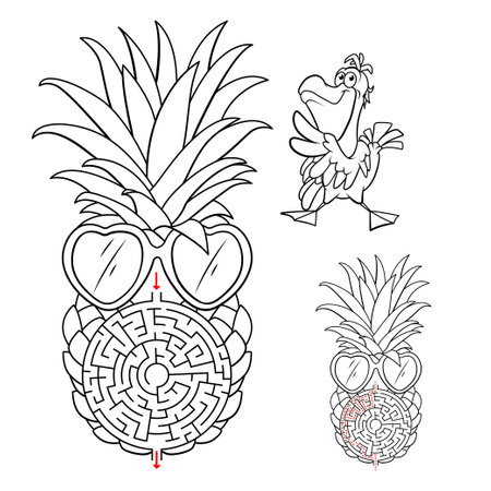 Puzzle for kids. vector illustration. You need to help the pelican find its way through the maze in the pineapple.のイラスト素材