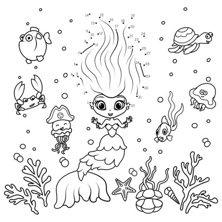 Point to point game. Draw a line. Mermaid and the underwater world. For children. worksheet. Coloring book. cartoon character.のイラスト素材