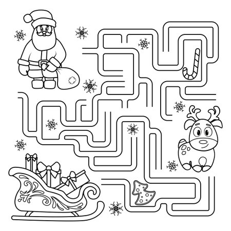 Puzzle for kids. Labyrinth. You need to find Santa's way to Sleigh. Coloring book for childrenのイラスト素材