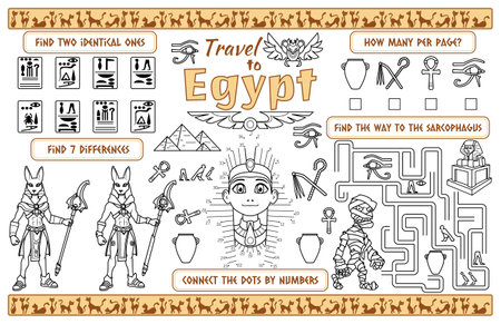 Funny festive napkin for children. Print out the "Travel to Egypt" rug with a labyrinth, connect the dots, and find the differences. 17x11 inch printable vector fileのイラスト素材