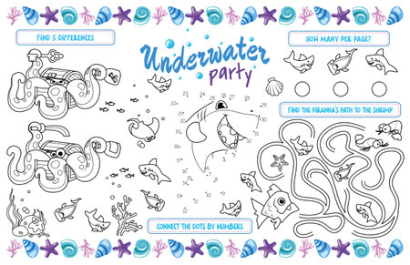 Festive napkin for children. Printable mat "Underwater party" with a labyrinth, connect the dots and find the same. 17x11 inch printable vector fileのイラスト素材