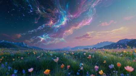 Fantastic fantasy landscape with flowers in the meadow at sunset.の素材