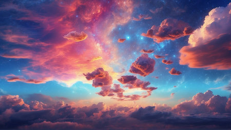 Sunset sky with clouds and stars. 3d rendering illustration.の素材