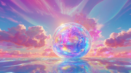 3d illustration of crystal ball with colorful sky and clouds background.の素材