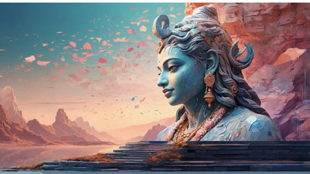 3D rendering of a fantasy landscape with a statue of a female goddessの素材