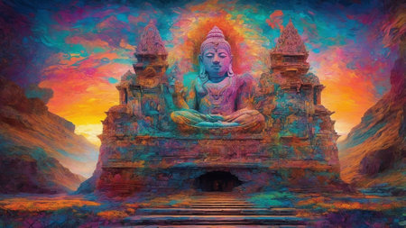 Buddha statue on colorful background. Digital painting. 3d renderingの素材